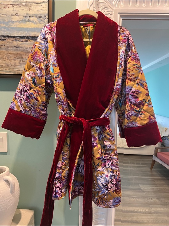 Anthropologie Jackets & Blazers - Anthropologie Quilted Floral coat Robe with Rich Red Velvet Trim